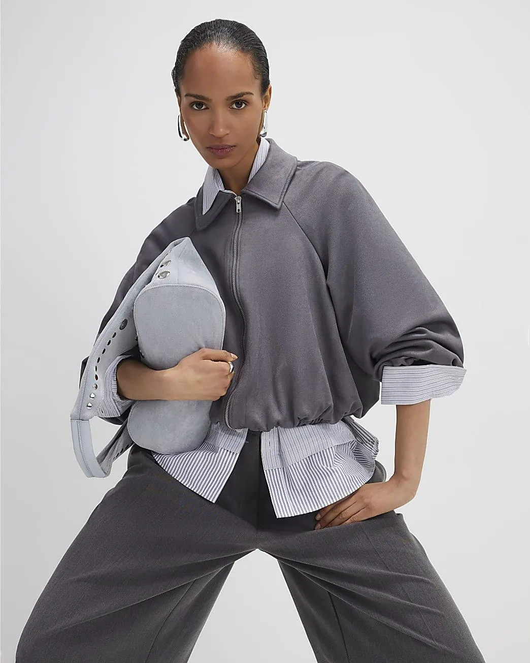 Grey Faux Suede Collared Bomber Jacket