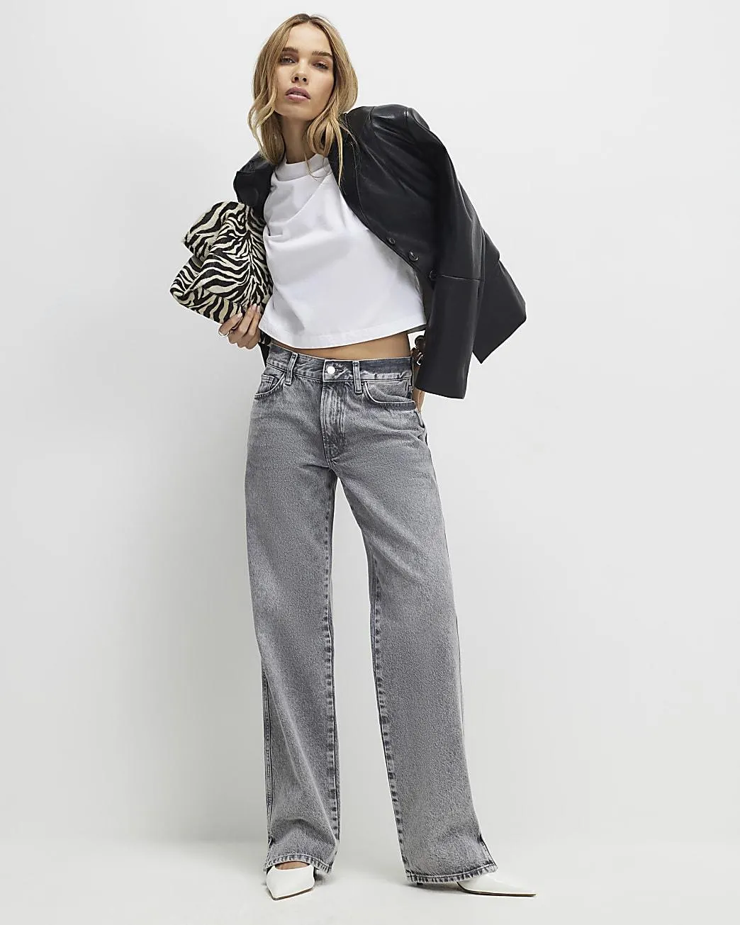 Grey Split Hem Straight Leg Jeans