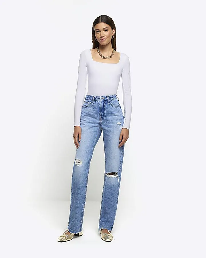 Blue stove pipe straight ripped jeans