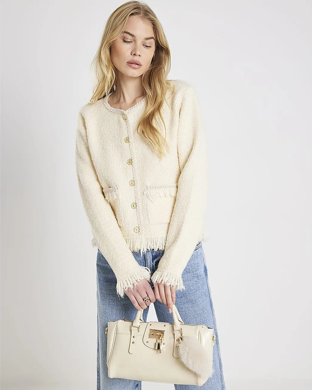 Cream Boucle Long Sleeve Fringed Cardigan