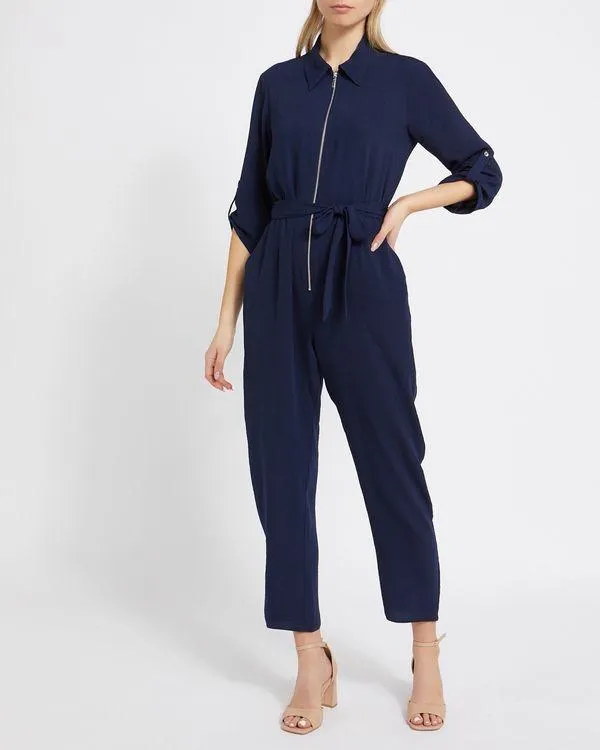 Zip Front Belted Navy Jumpsuit