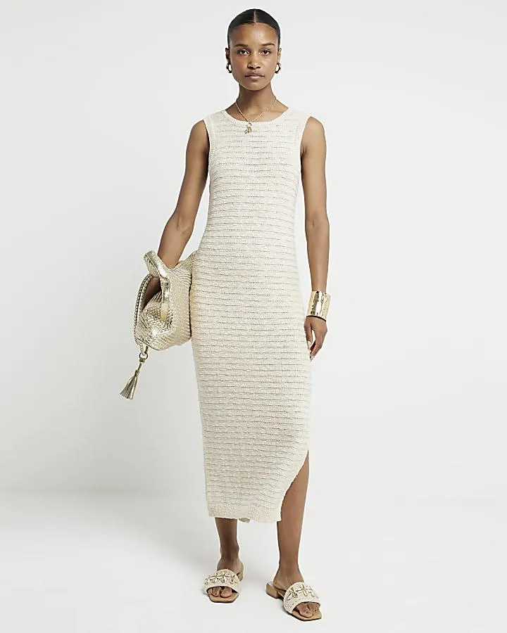 Gold crochet metallic bodycon midi dress