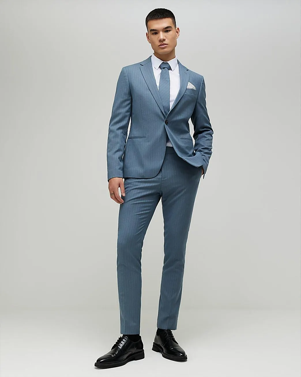 Blue Skinny Fit Pinstripe Suit Trousers