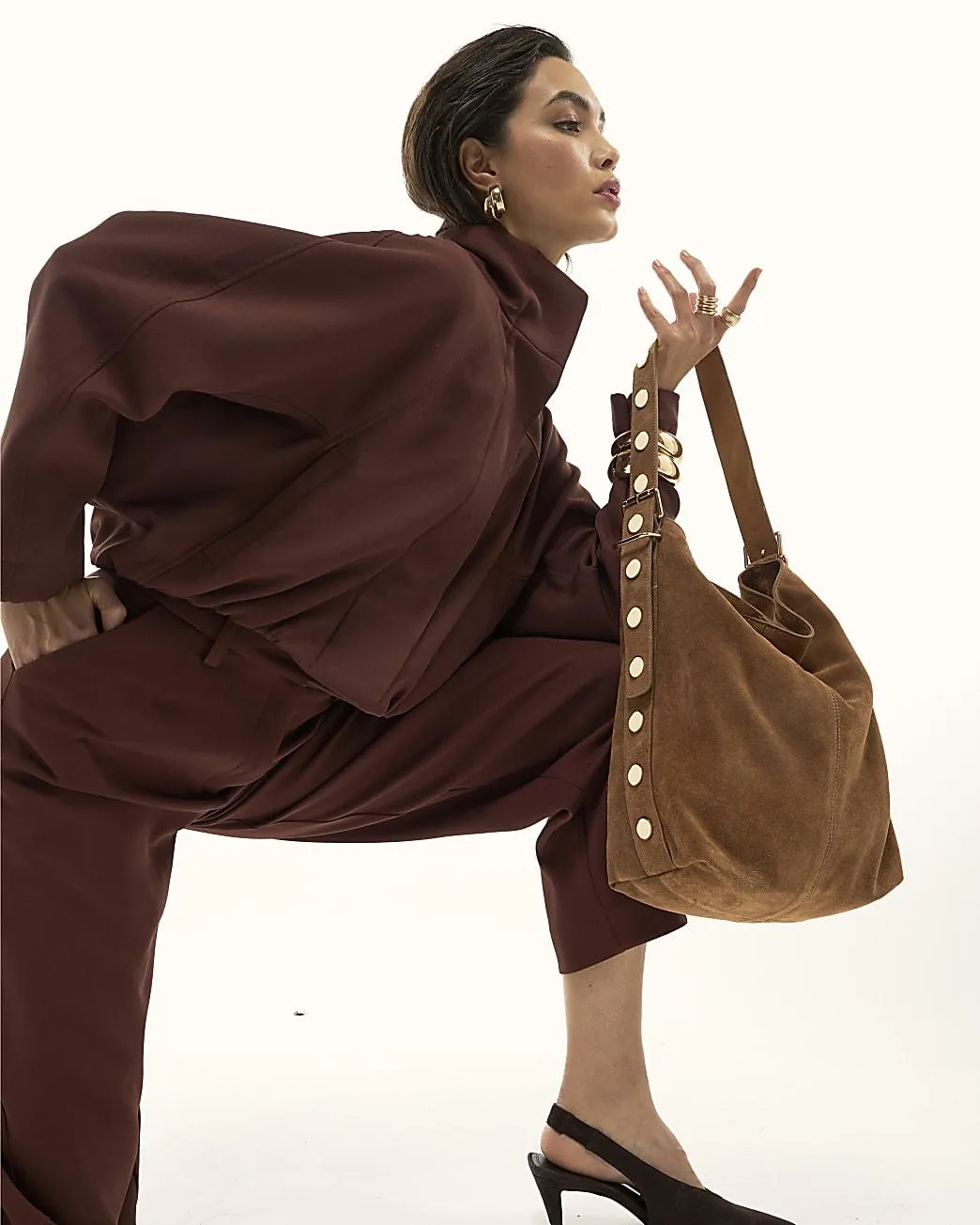 Brown Studded Suede Slouch Shoulder Bag