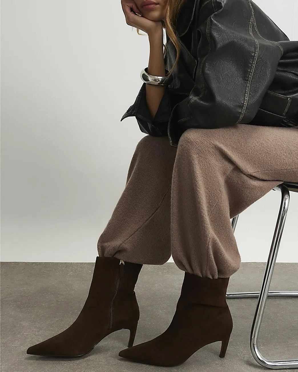 Brown Suede Pointed Heel Boots