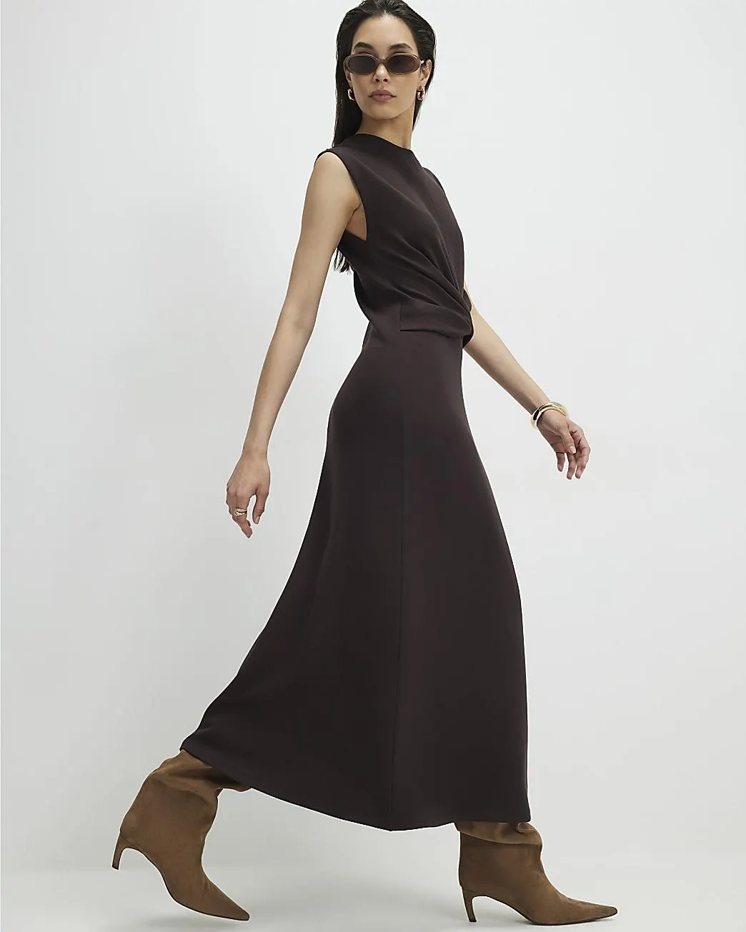 Brown Premium Twist Front Midi Dress