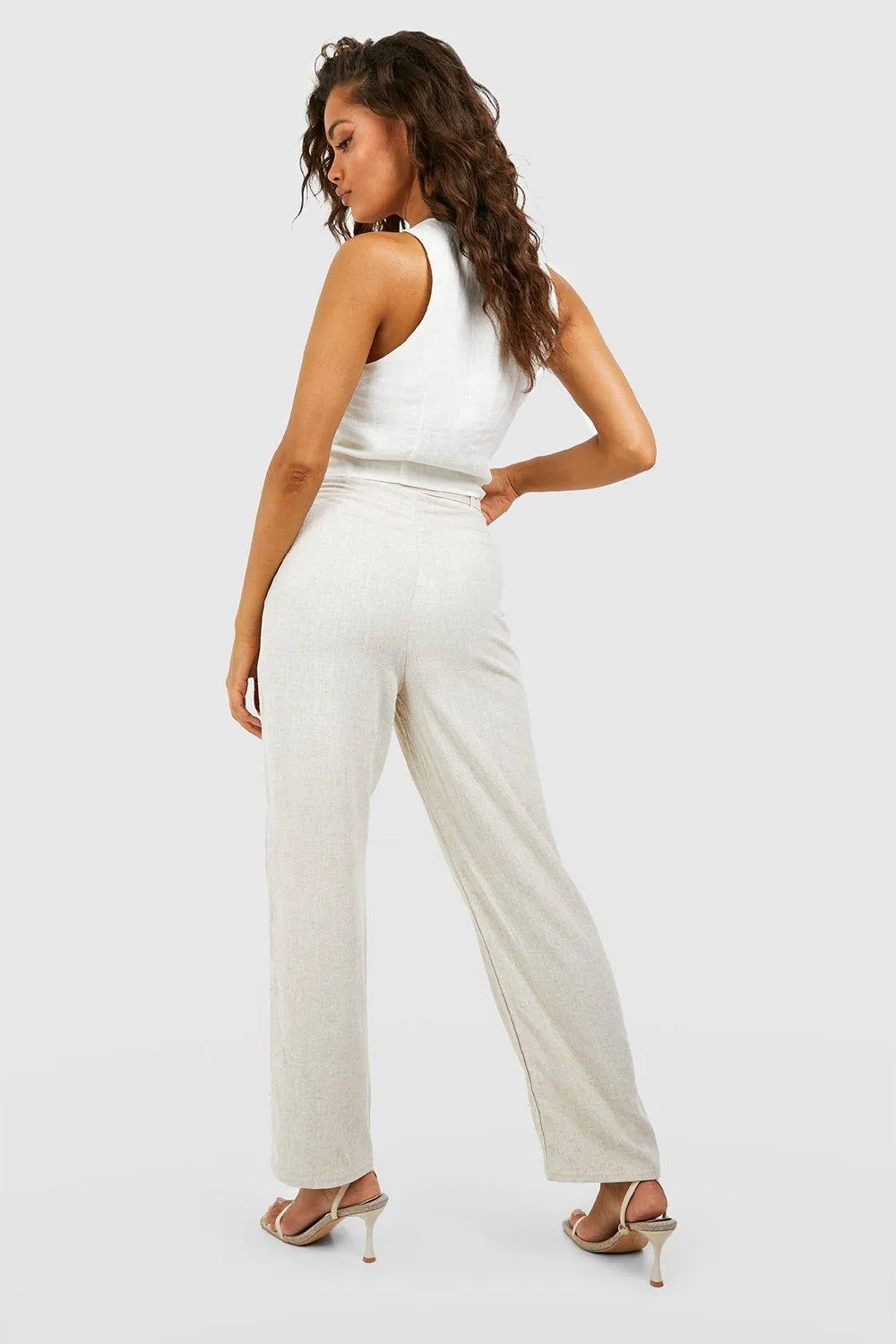 Linen Blend Buckle Belted Tapered Trousers