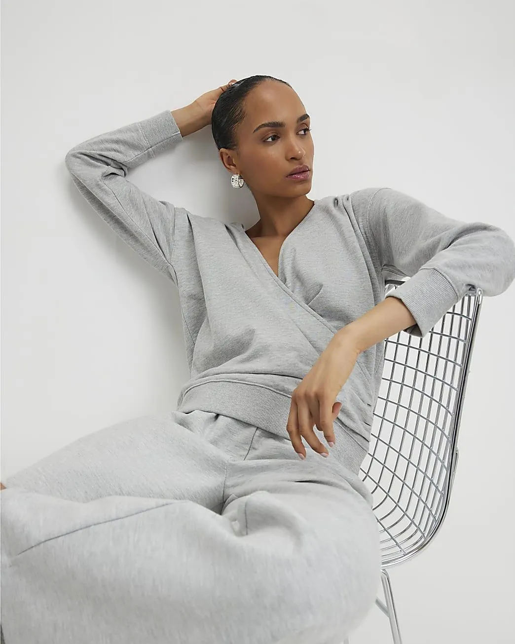 Grey Long Sleeve Wrap Front Hoodie