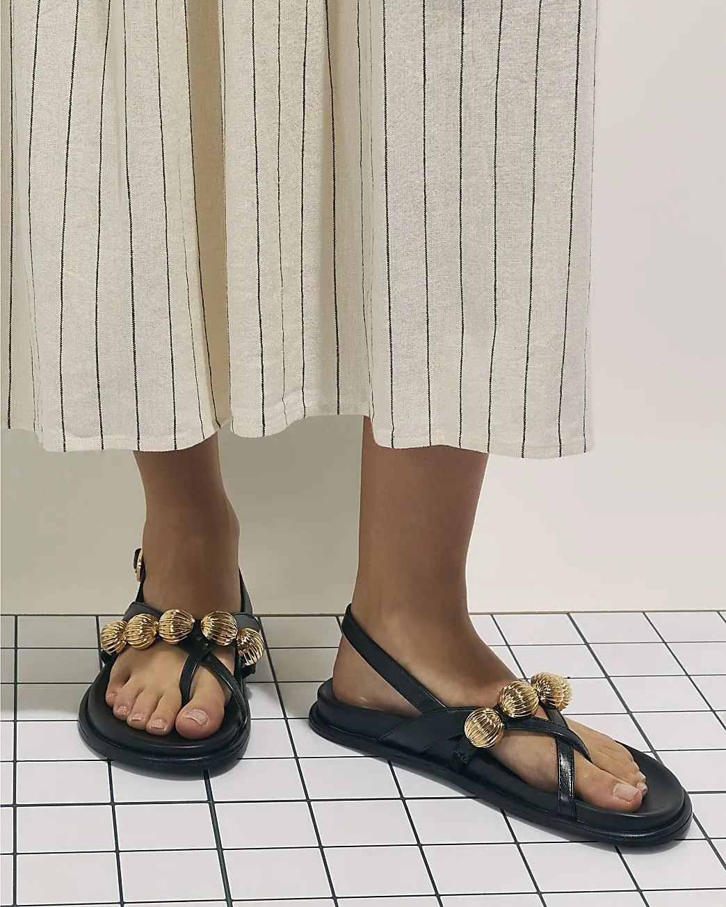 Black Gold Ball Strap Footbed Sandals