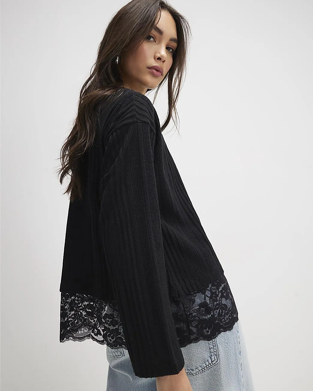 Black Long Sleeve Lace Hem Cosy Top