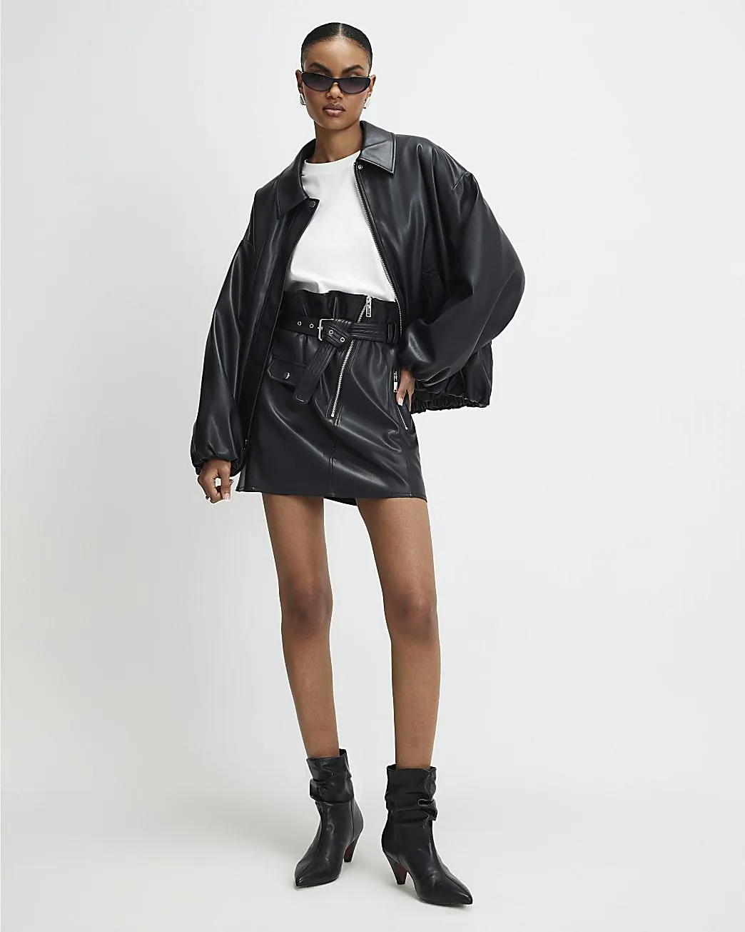 Black Faux Leather Belted Mini Skirt