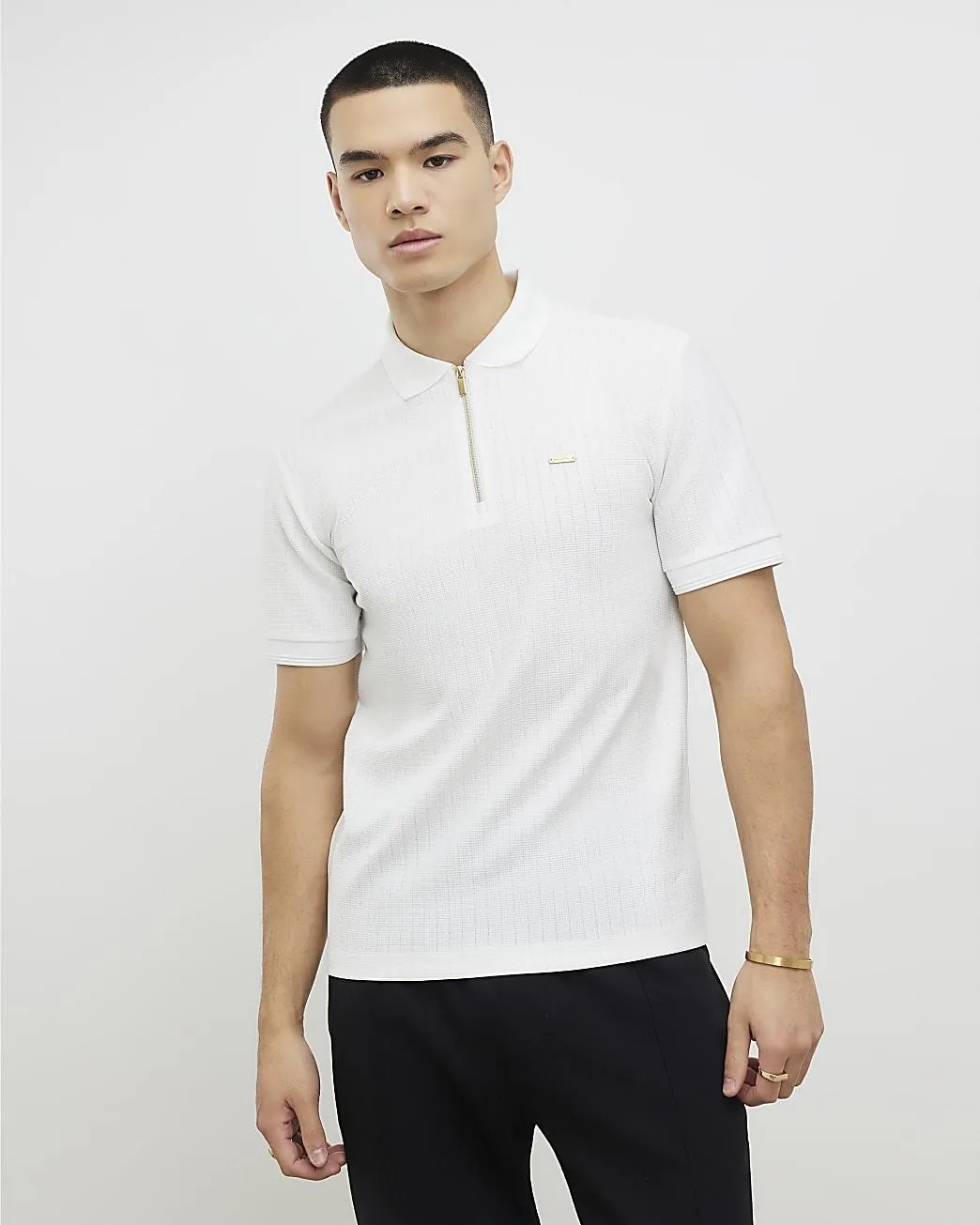 White Muscle Fit Textured Polo Shirt