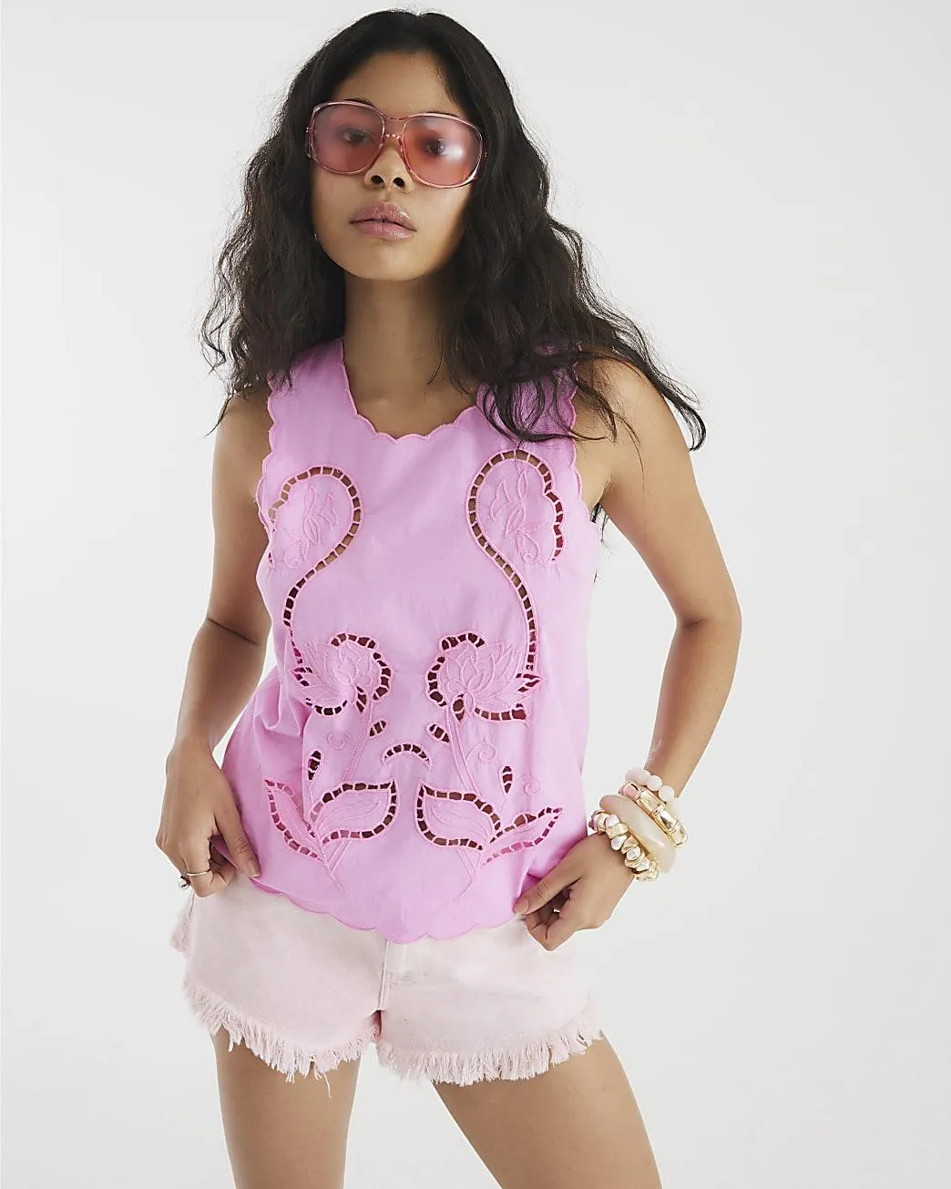 Pink Cut Work Tank Top