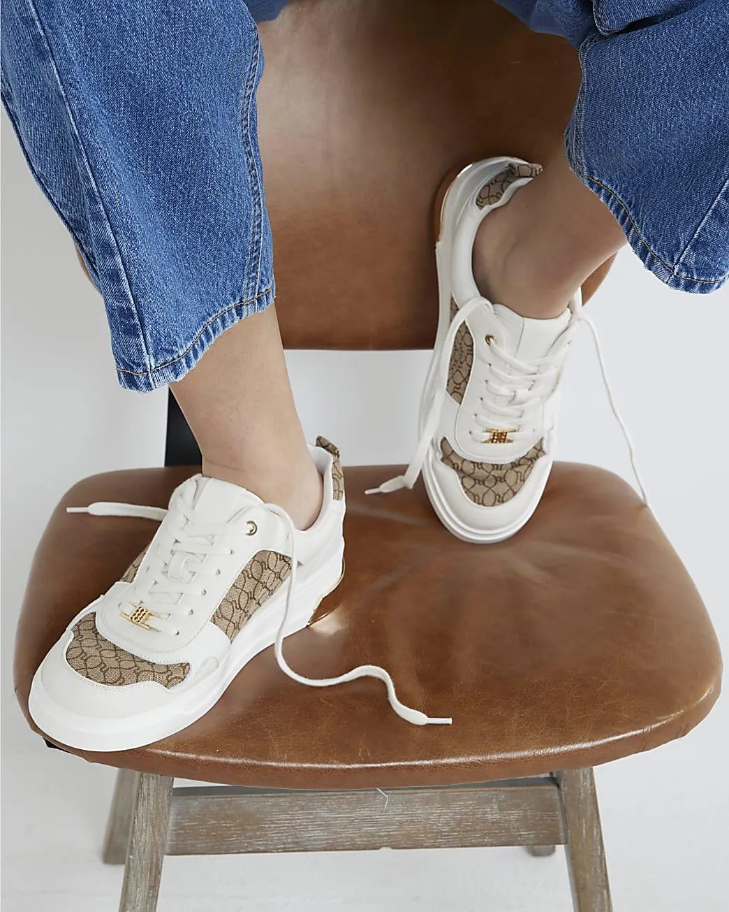 Beige Monogram Lace Up Heel Clip Trainers
