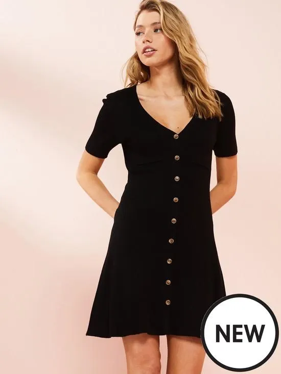 V Neck Utility Knitted Mini Dress - Black