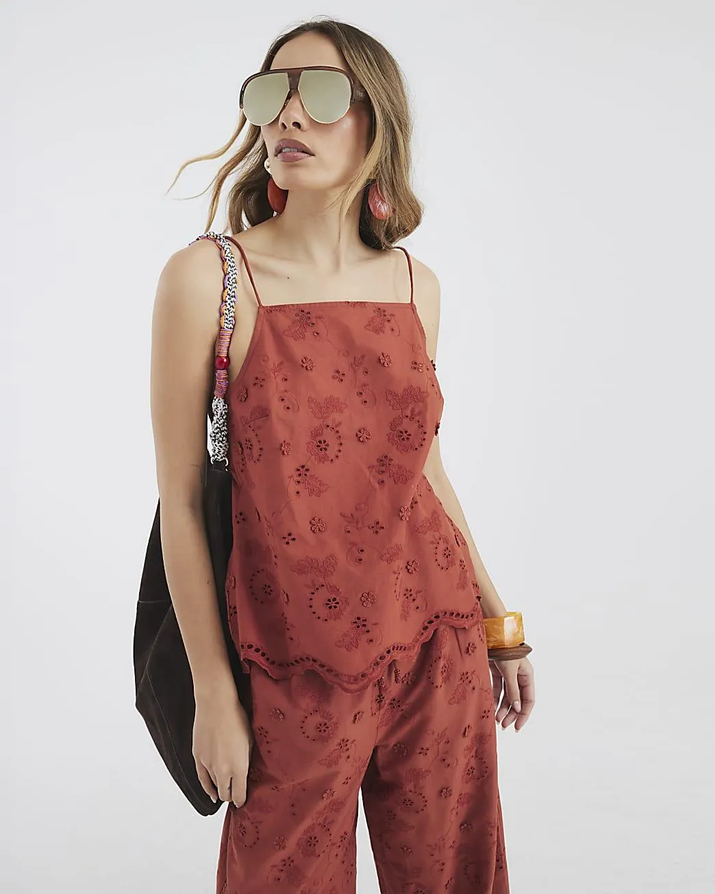 Rust Sleeveless Embroidered Tunic Top
