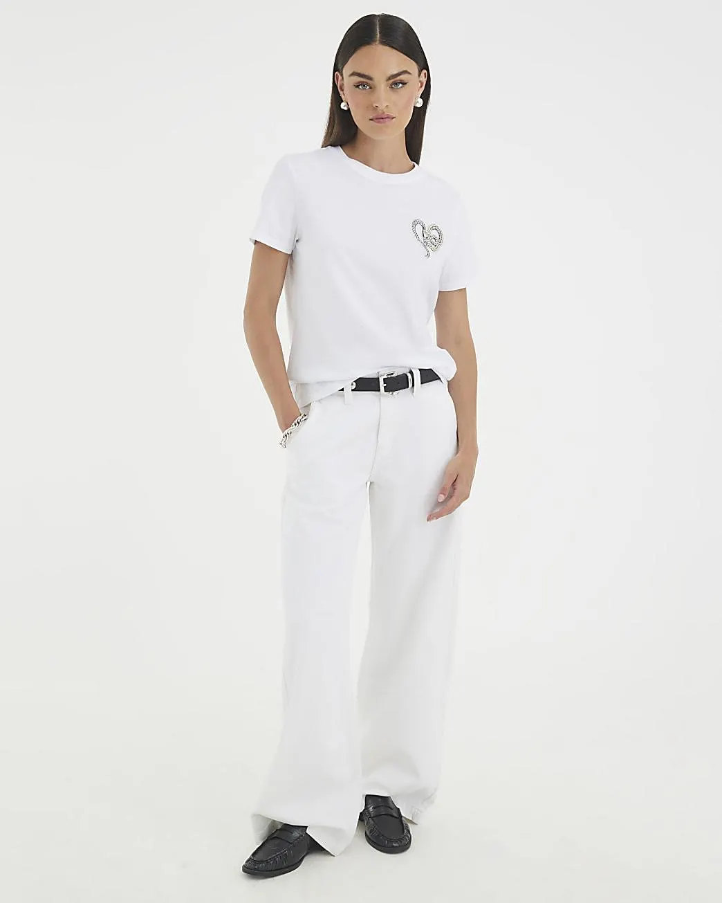 White Short Sleeve Snake Detail T-shirt