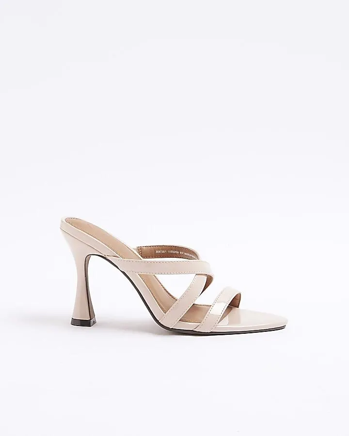 Pink strappy flare heeled mule sandals