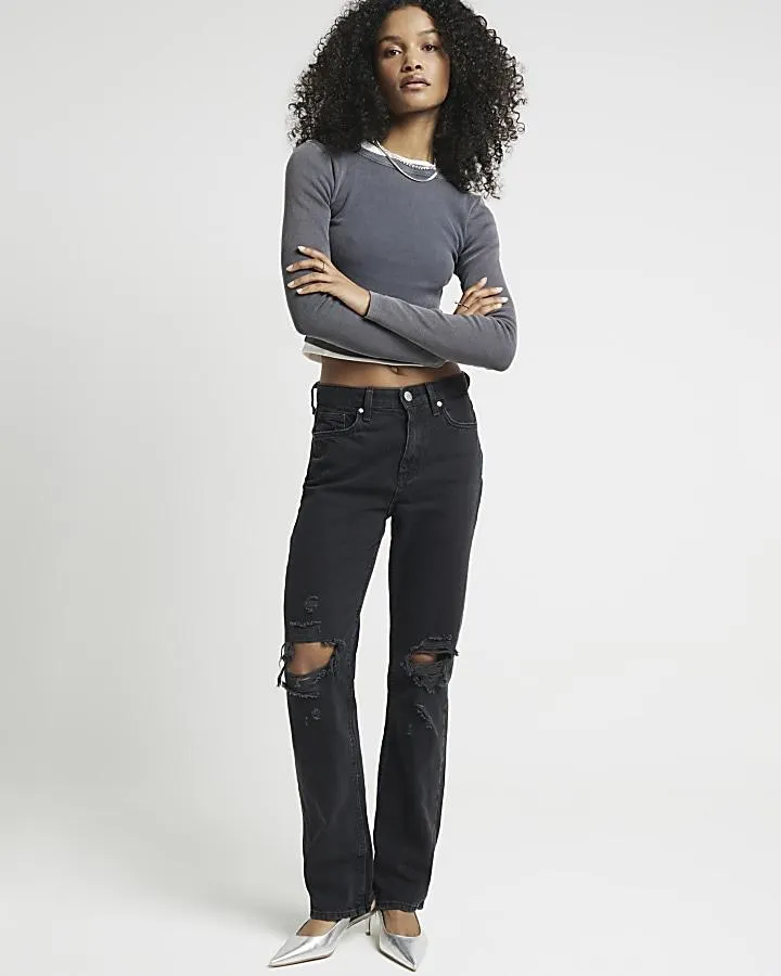 Black ripped high waist stove straight jeans
