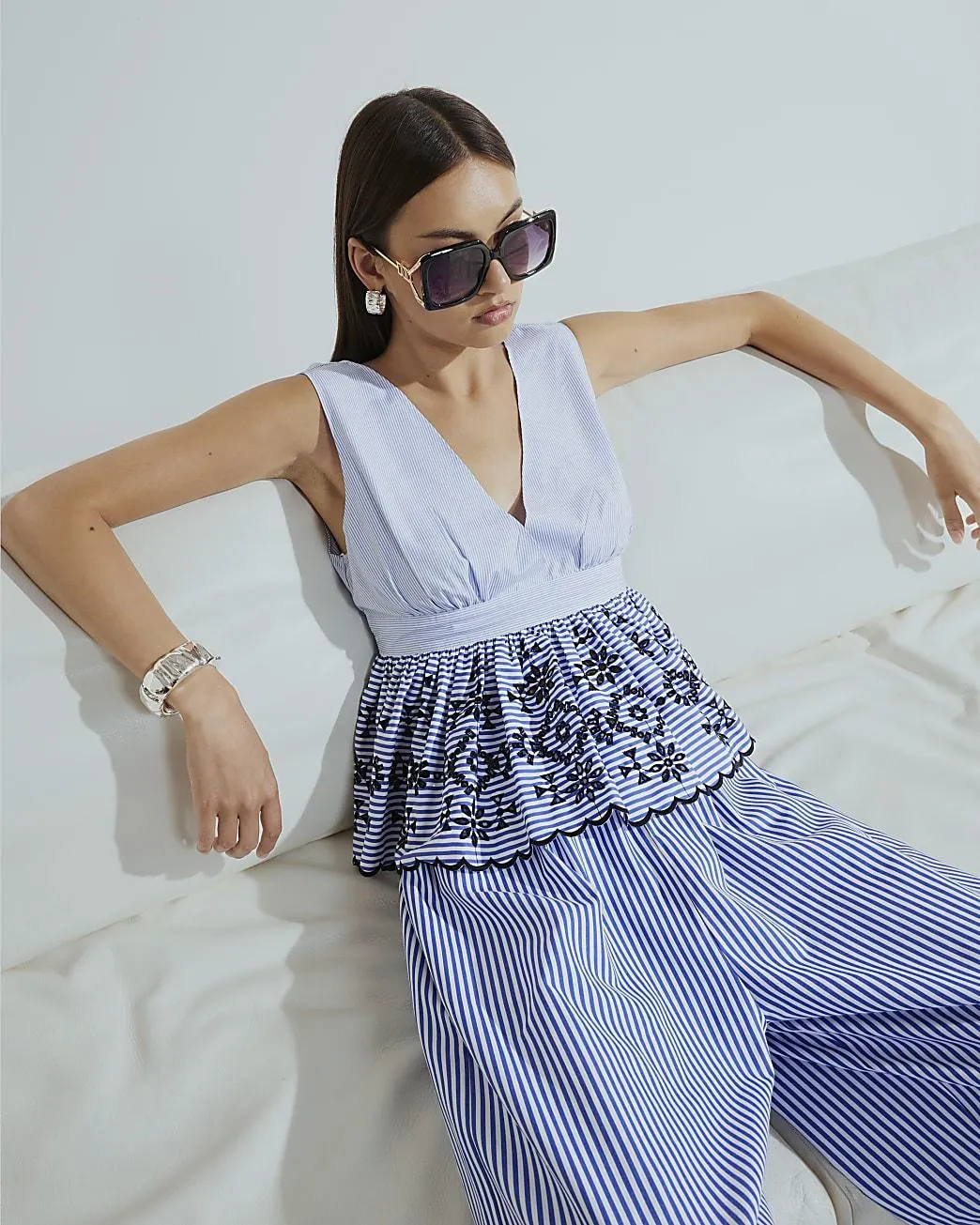 Blue Stripe Sleeveless Embroidered Top