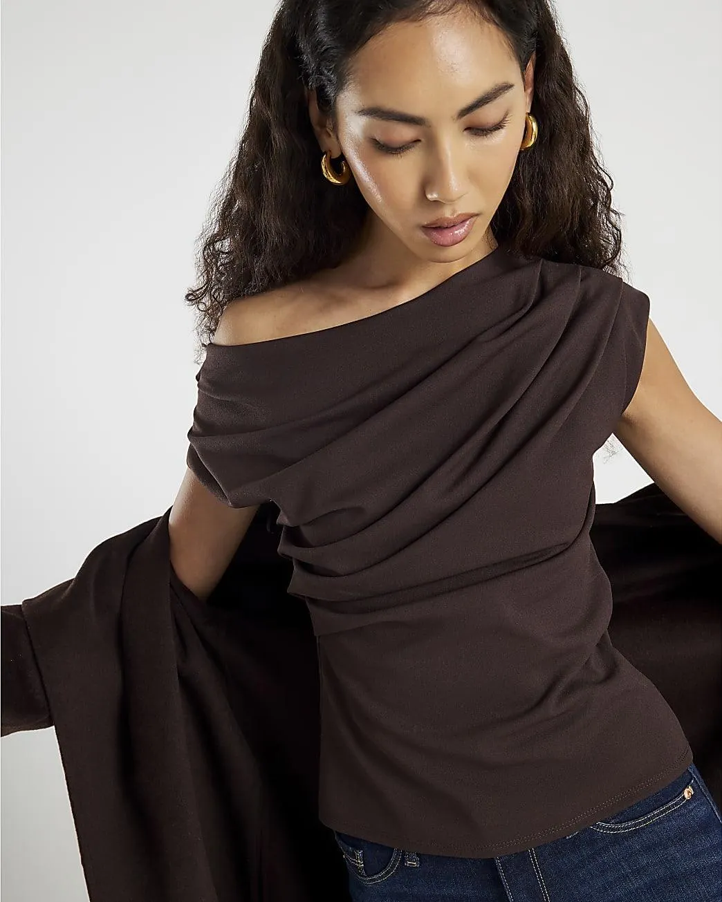 Brown Short Sleeve Off Shoulder Drape Top