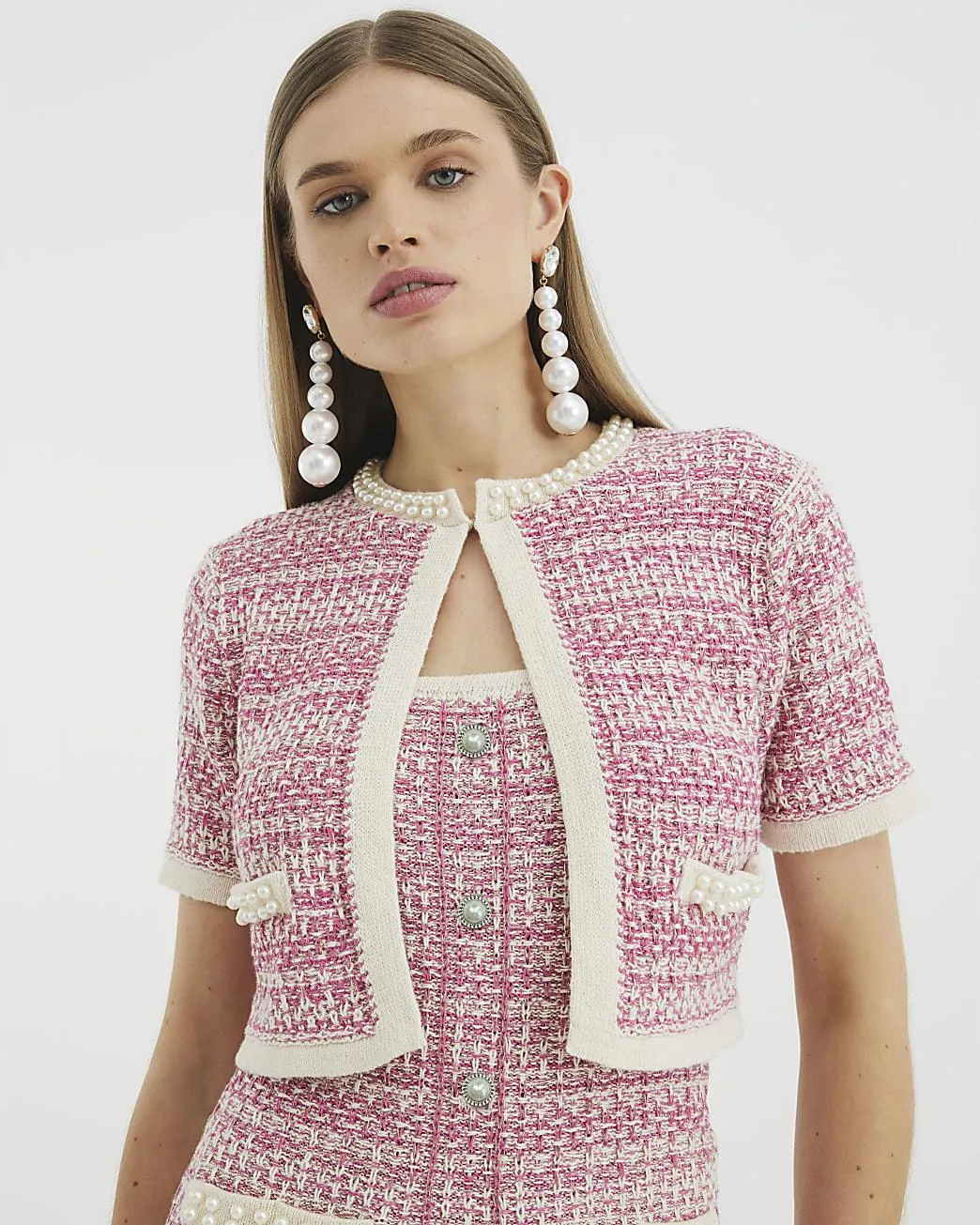 Pink Short Sleeve Boucle Cardigan