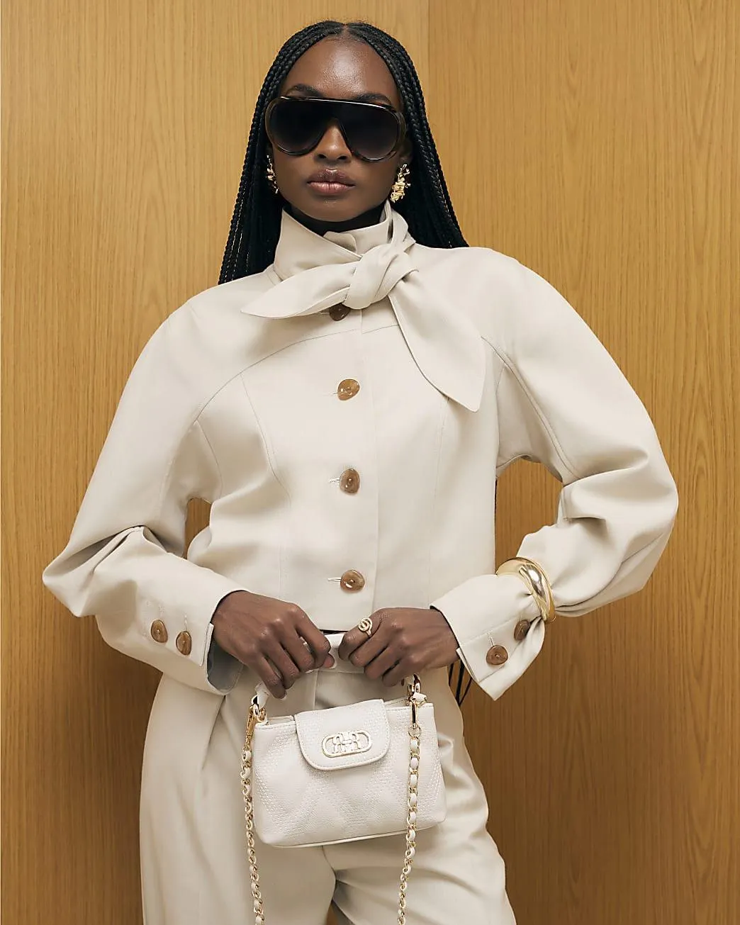 Cream Long Sleeve Herringbone Tie Neck Jacket