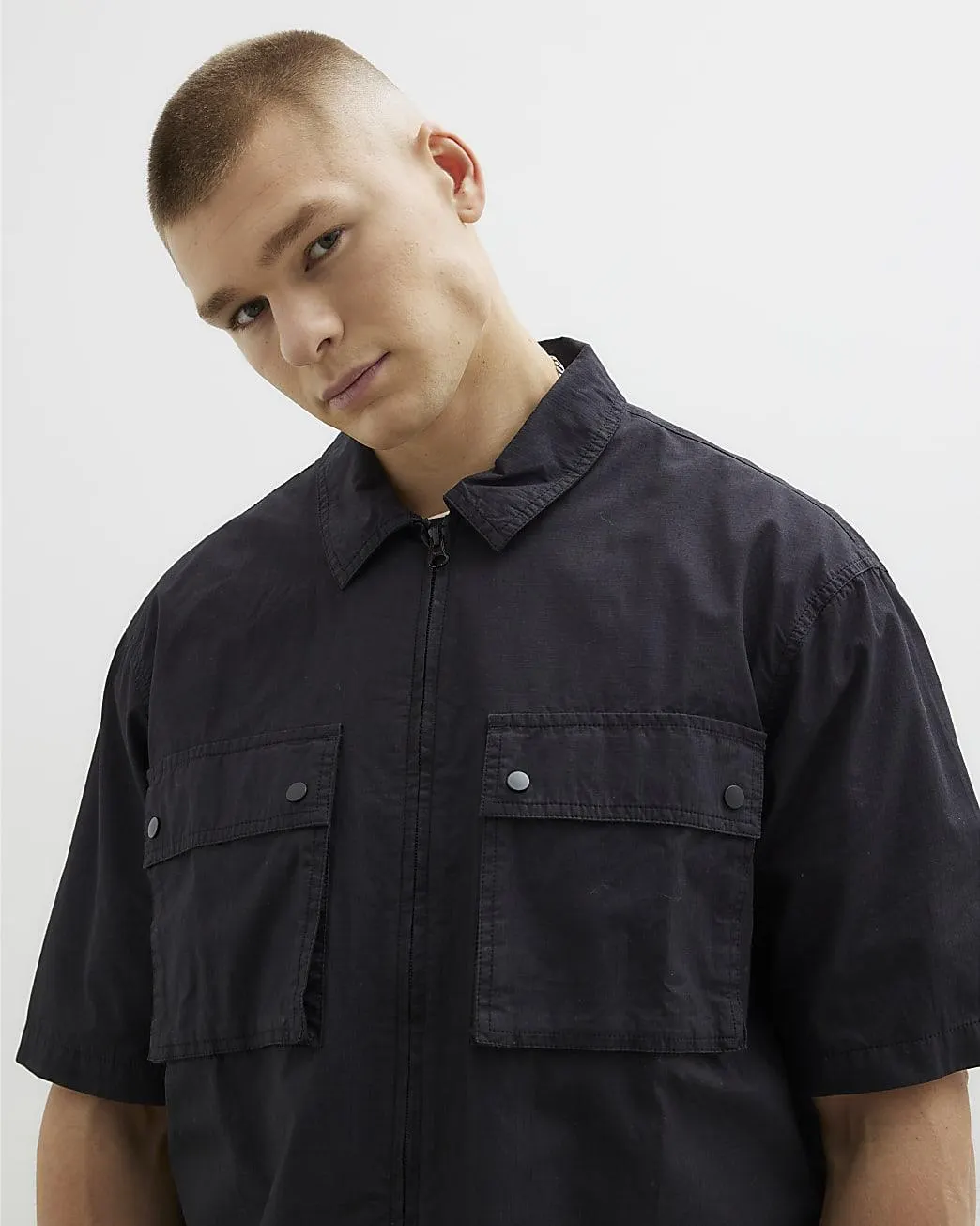 Black Boxy Fit Short Sleeve Zipped Shirt