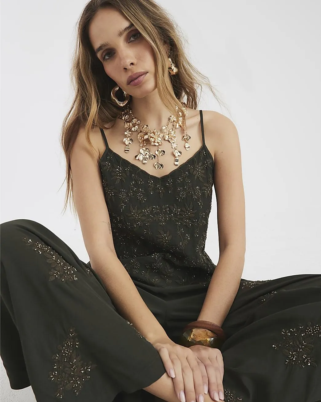 Khaki Sleeveless Embellished Cami Top
