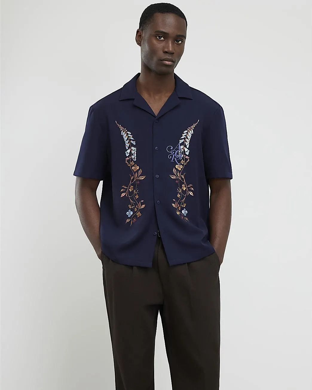 Navy Regular Fit Floral Embroidered Shirt