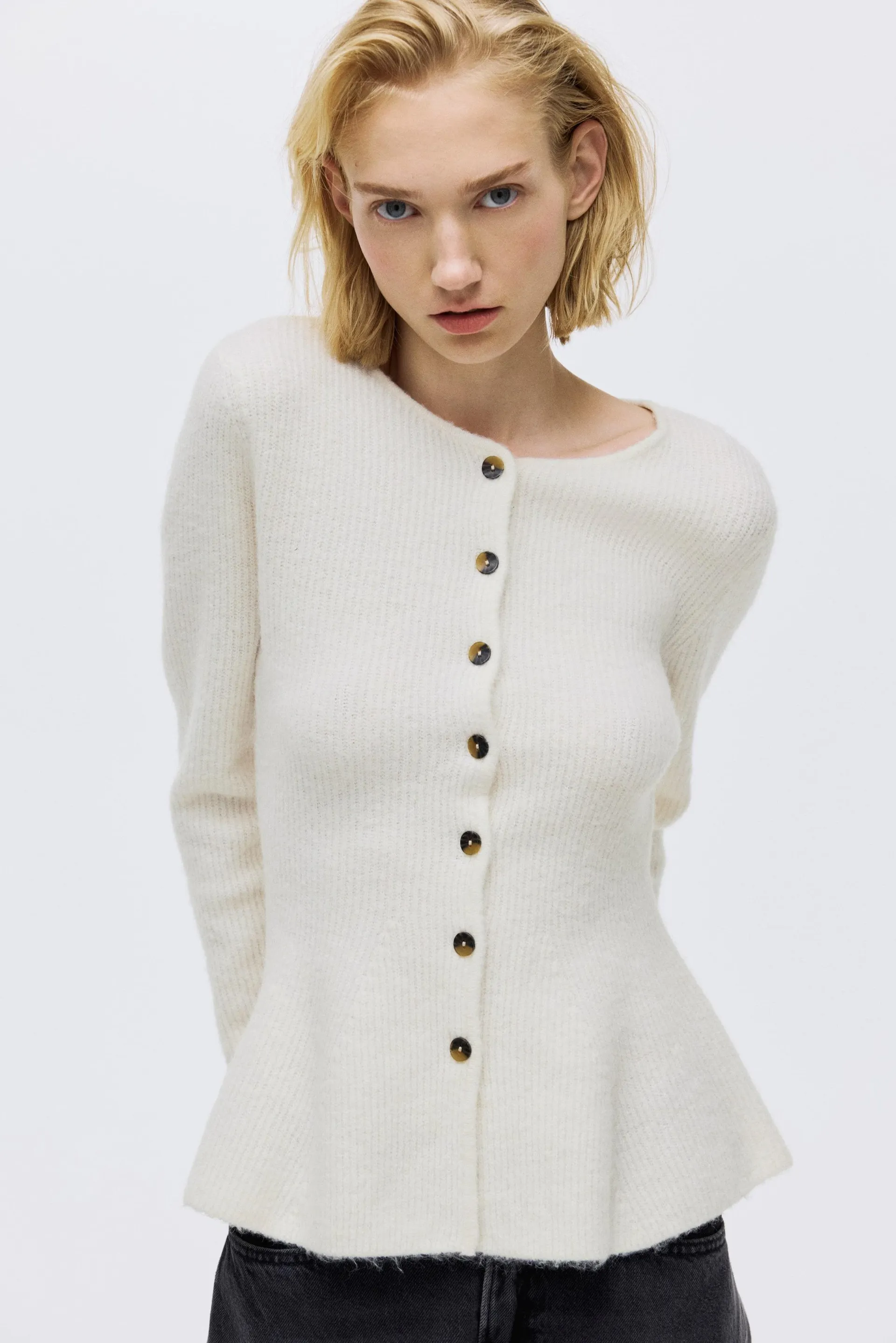 Rib-knit peplum cardigan