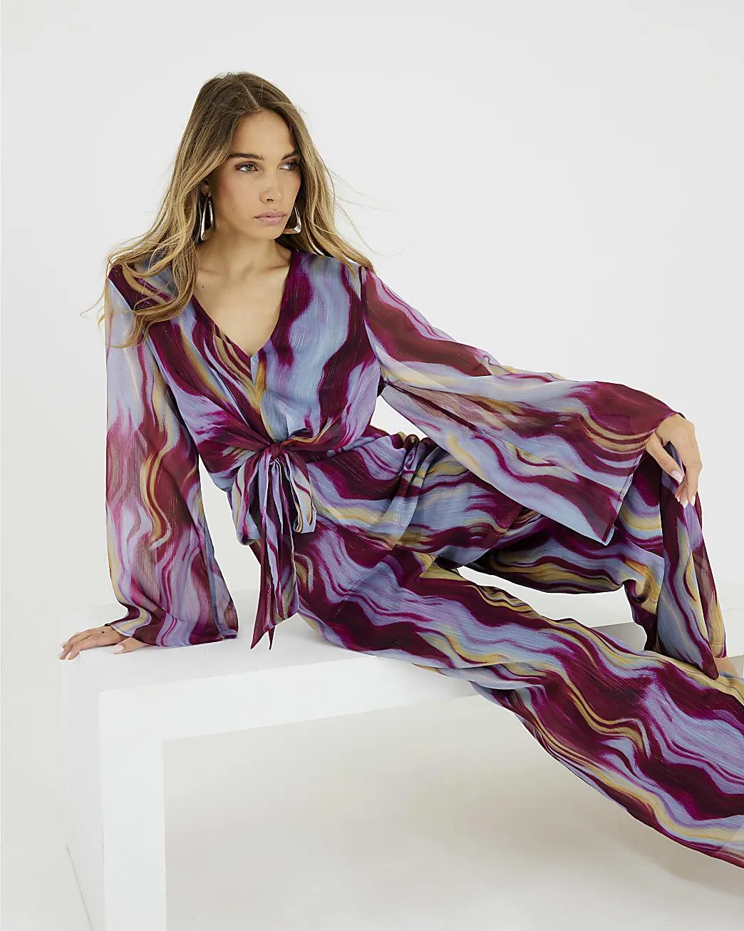 Purple Abstract Print Tie Front Jumpsuit