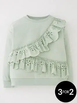 Girls Green Broderie Frill Sweater