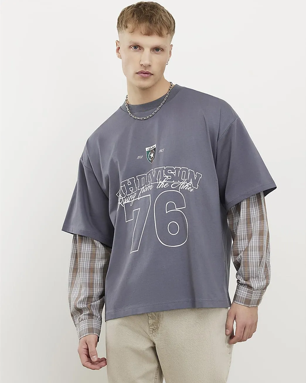 Grey Double Layered Number 76 Check T-Shirt
