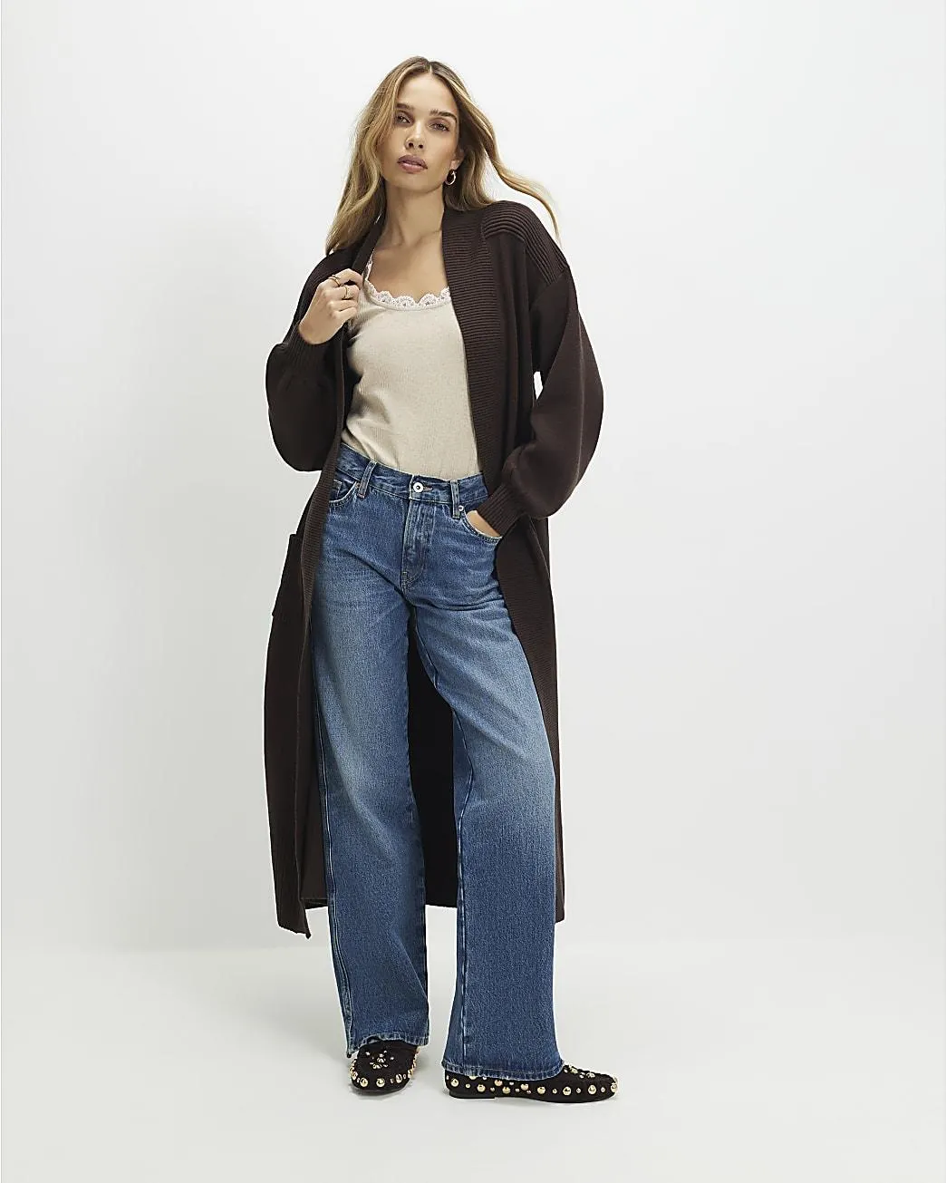 Brown Knitted Ribbed Maxi Cardigan