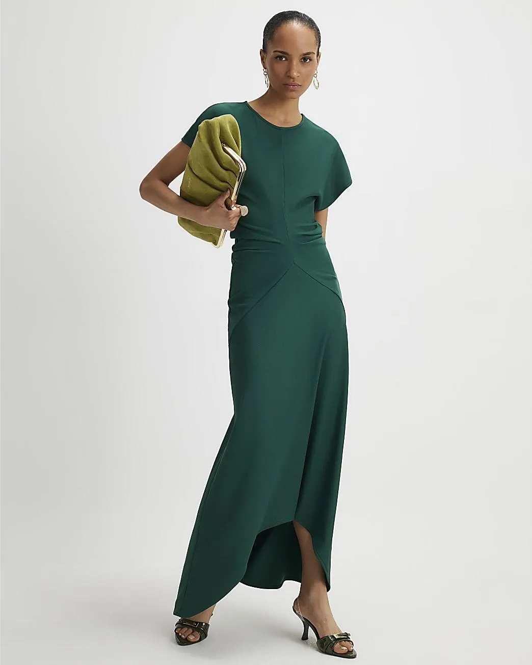 Green Short Sleeve Cinched Waist Maxi Dress
