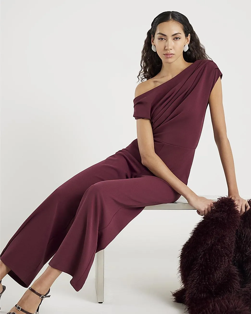 Purple Short Sleeve Asymmetric Drape Jumpsuit