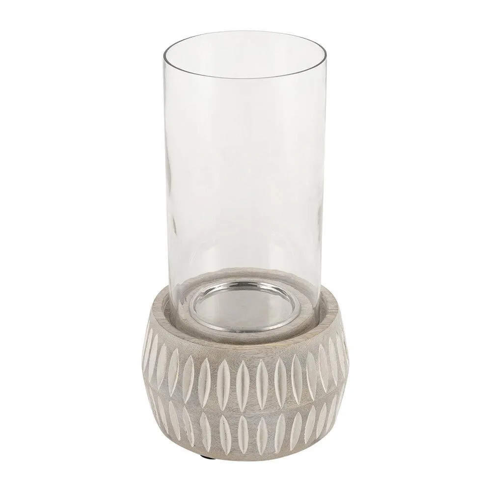 Carved Candle Holder with Glass - Glass/Wood