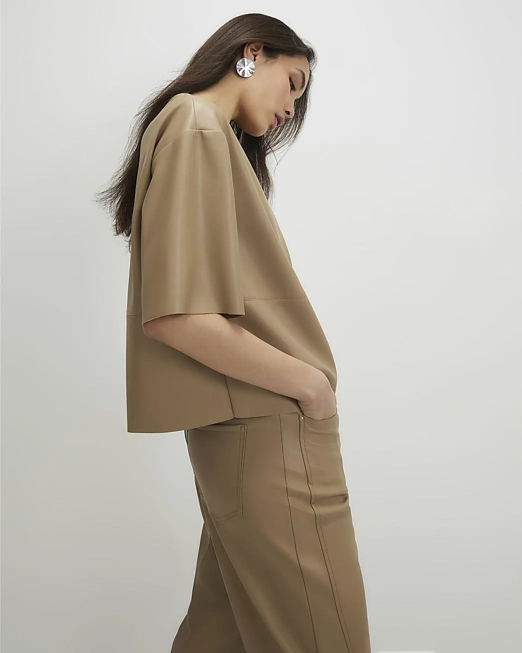 Beige Faux Leather Seam Detail T-shirt