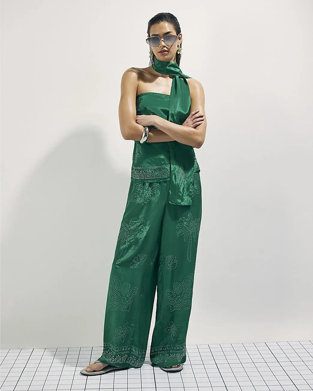 Green Embellished Wide Leg Trousers