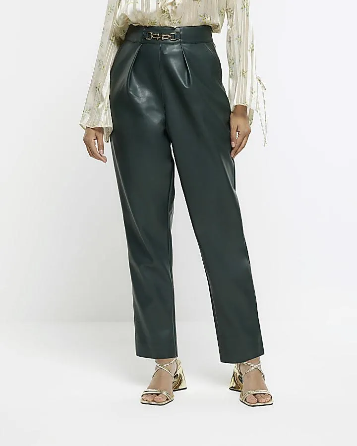 Green faux leather cigarette trousers