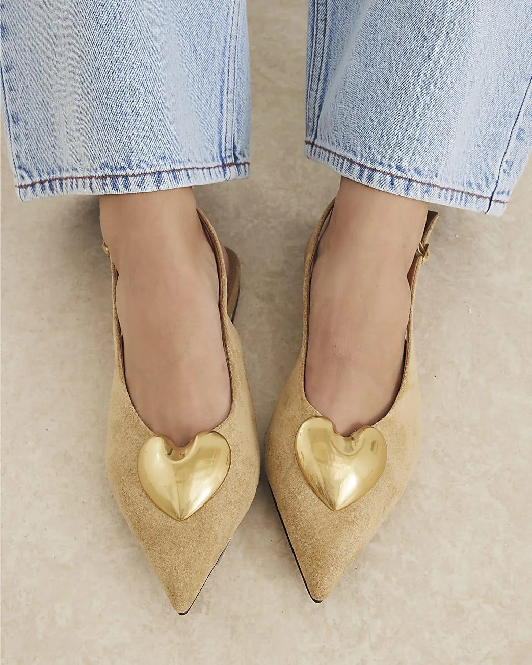 Beige Heart Slingback Flat Shoes