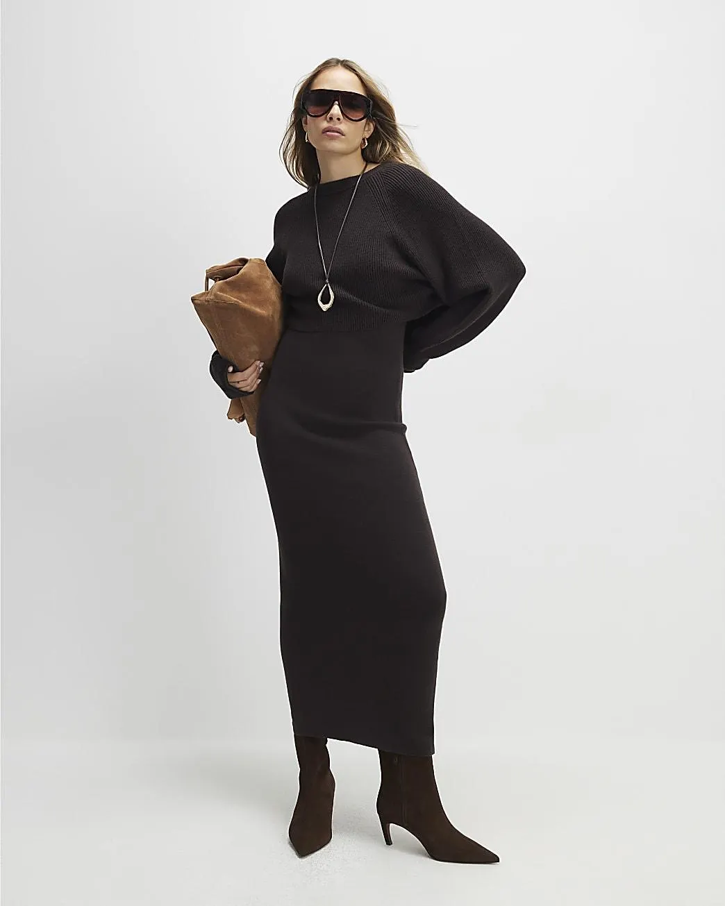 Brown 2 In 1 Jumper Maxi Dress