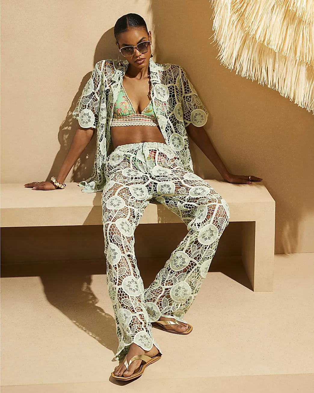 Green Del Maar Sheer Lace Resort Trousers