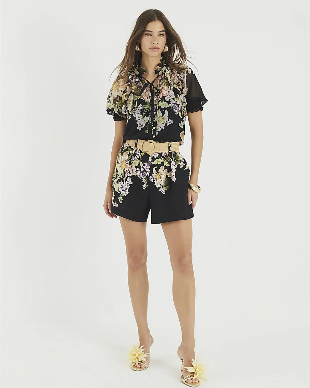 Black Short Sleeve Floral Blouse
