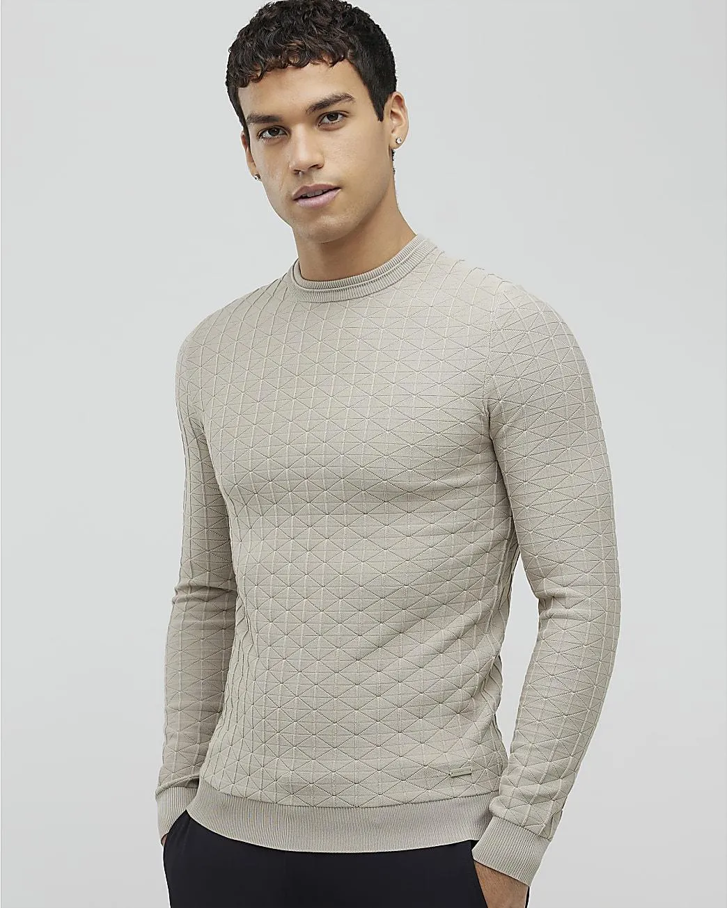 Beige Muscle Fit Textured Jumper