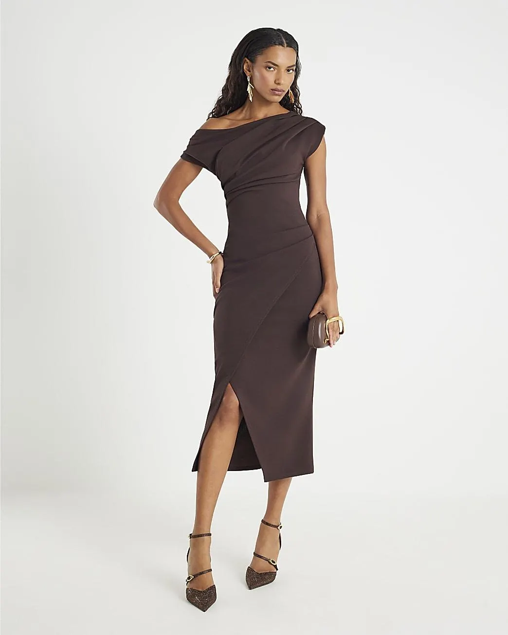 Brown Asymmetric Drape Wrap Midi Dress