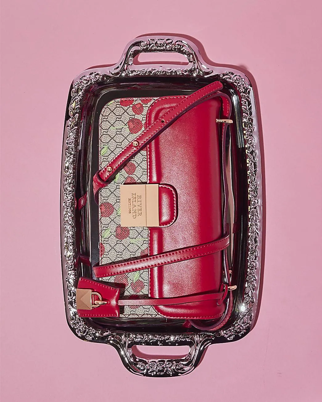 Red Lock Front Monogram Cherry Satchel Bag