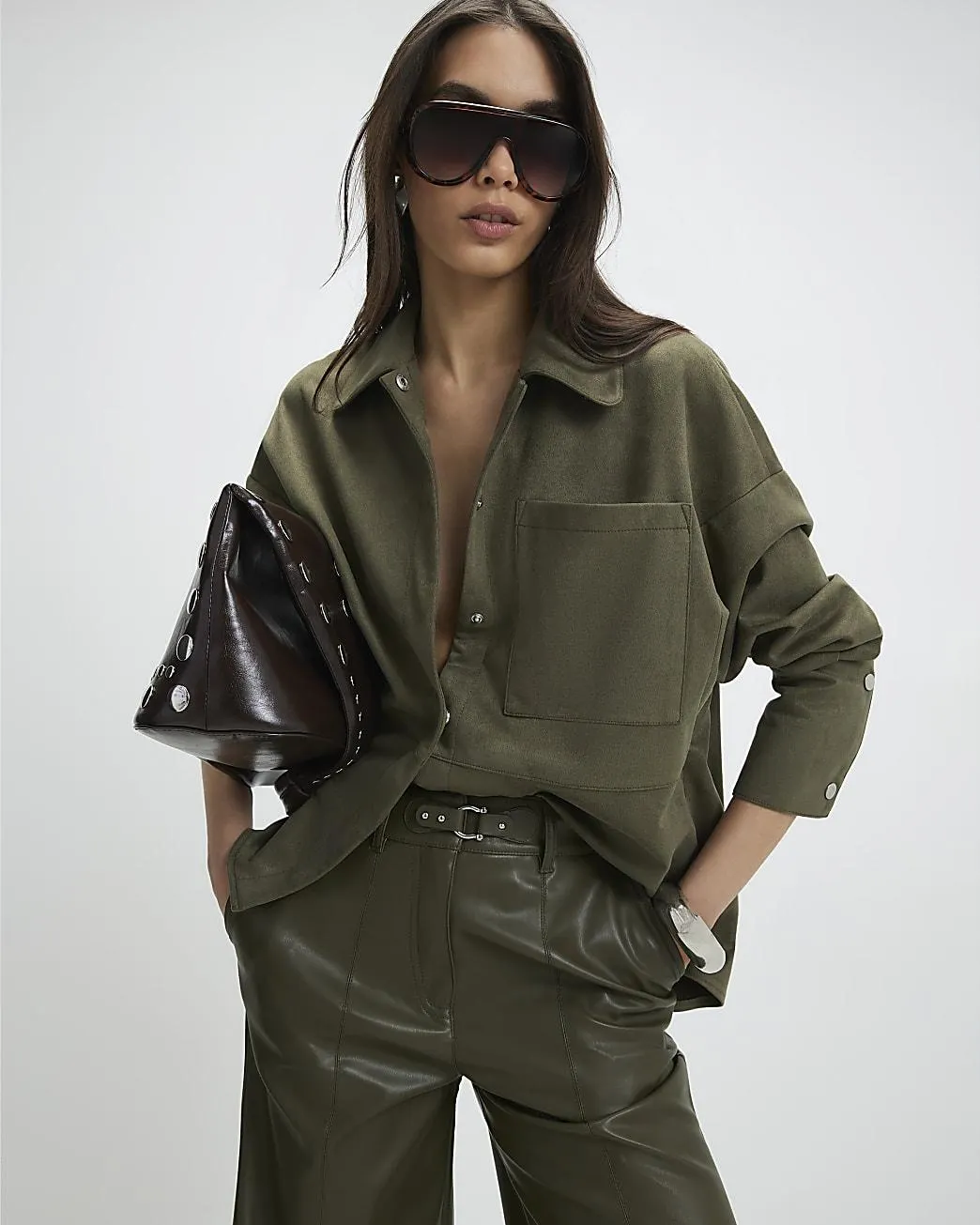 Khaki Oversized Faux Suede Overshirt