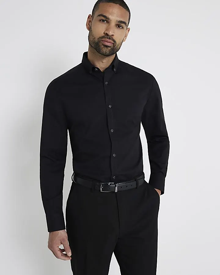 Black muscle fit textured smart shirt
